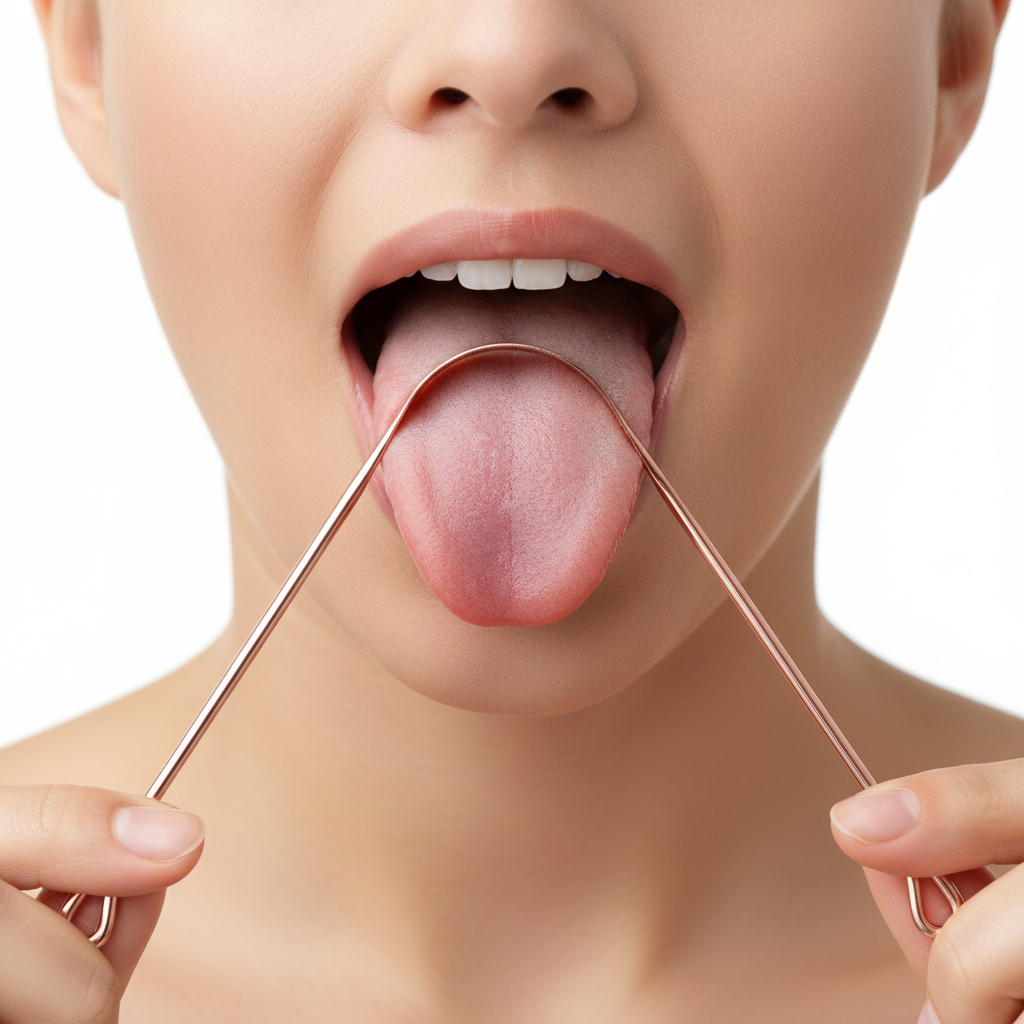 Rose gold tongue scraper in use lifestyle image