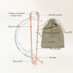 Rose gold tongue scraper with linen pouch feature infographic
